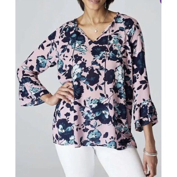 J. Jill Mauve Floral Blouse Size XL 3/4 Sleeve Ruffle Pink Tunic Top Flowy Light - Picture 1 of 9